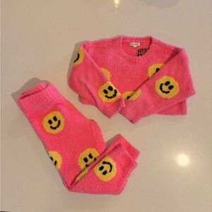 Kate Mack Pink Fuzzy Smile Face Kids Matching Set